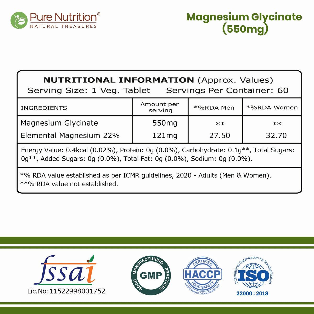 Pure Nutrition Magnesium Glycinate 550mg – 60 Tablets | Relaxation & Muscle Support