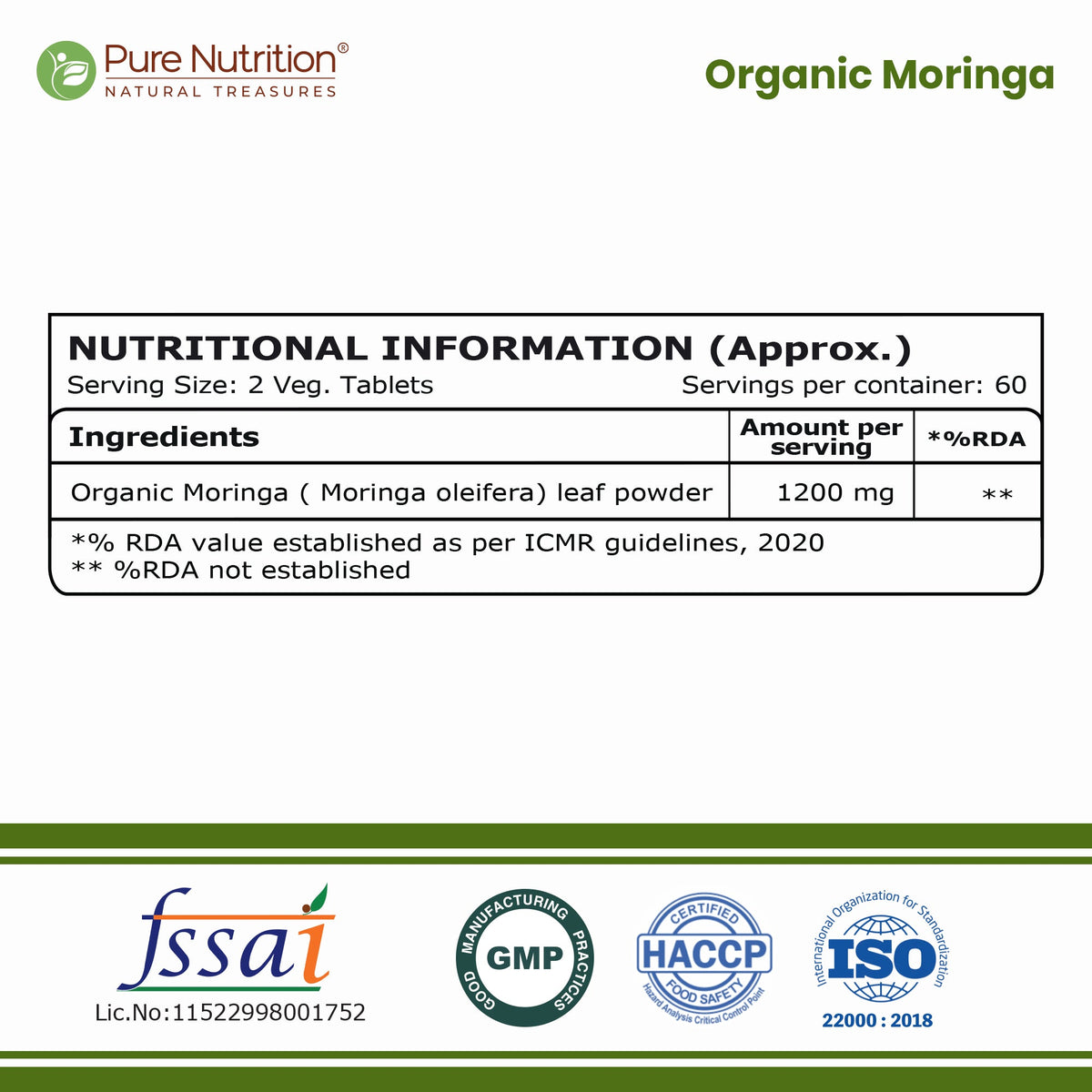 Pure Nutrition Organic Moringa Tablets 1200mg – 120 Veg Tablets for Immunity, Digestion & Daily Wellness