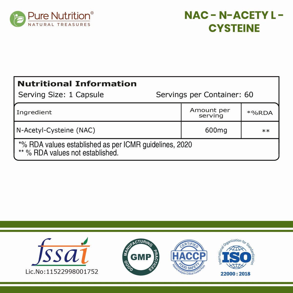 Pure Nutrition NAC N-Acetyl L-Cysteine 600mg – 60 Veg Capsules for Antioxidant & Liver Support