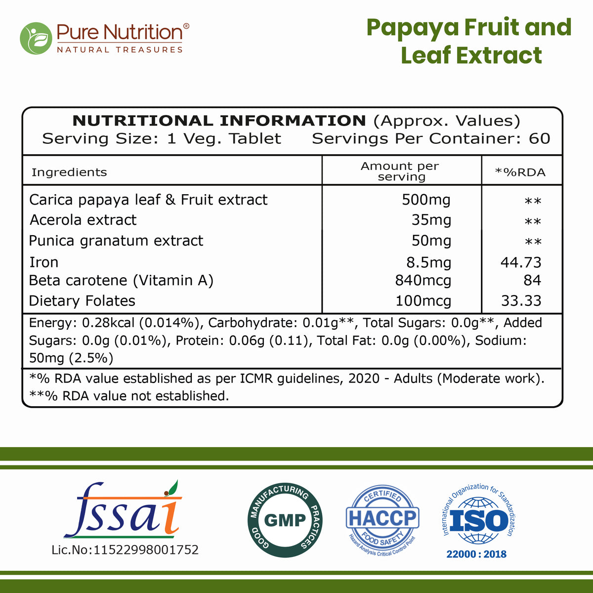 Pure Nutrition Papaya Fruit & Leaf Extract Capsule - 600mg - 60 Capsules