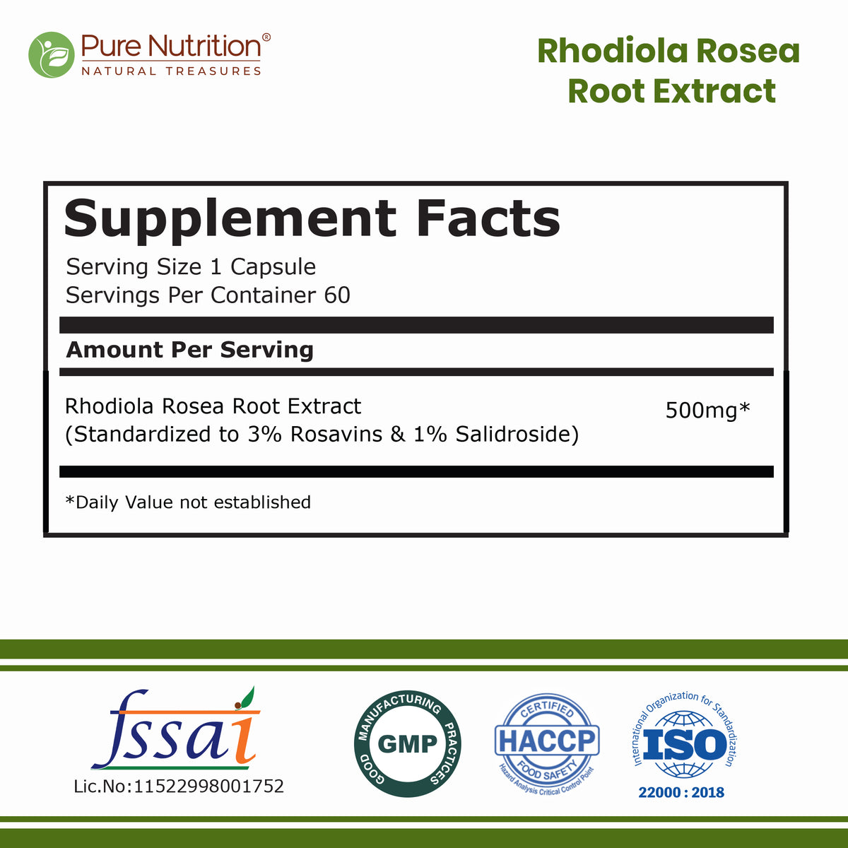 Pure Nutrition Rhodiola Rosea Root Extract (500mg) - 60 Veg Capsules | Standardized to 3% Rosavins & 1% Salidroside | Supports Energy, Focus, Relaxation & Cognitive Health