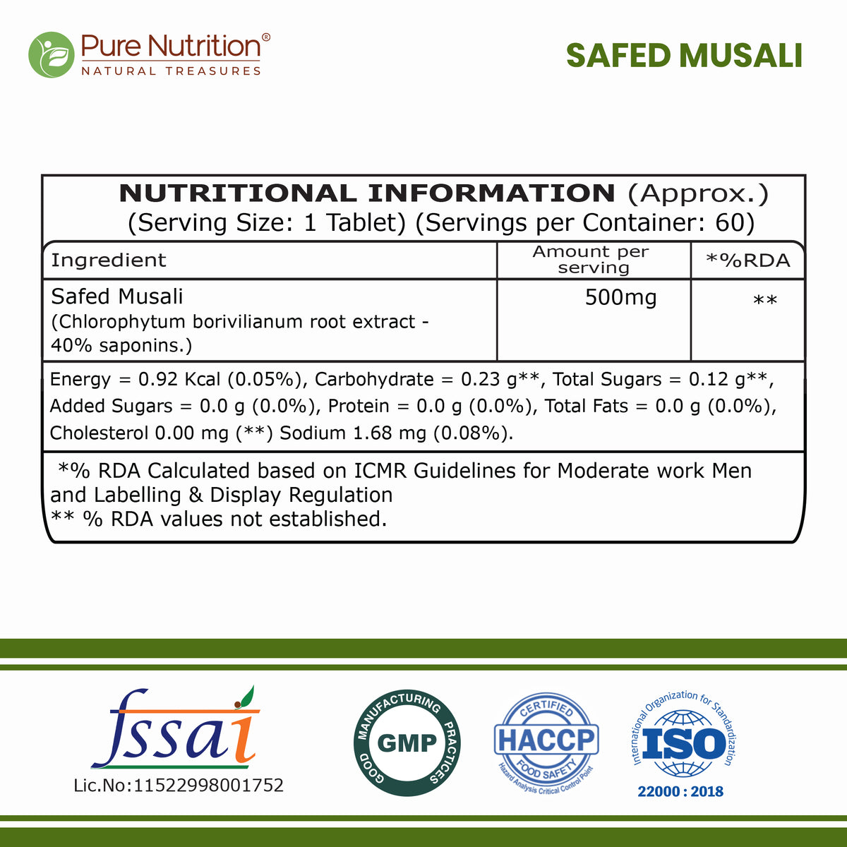 Pure Nutrition Safed Musali – 500mg, 60 Veg Tablets | Ayurvedic Herbal Supplement for Muscle Strength, Stamina, Immunity, Energy & Endurance