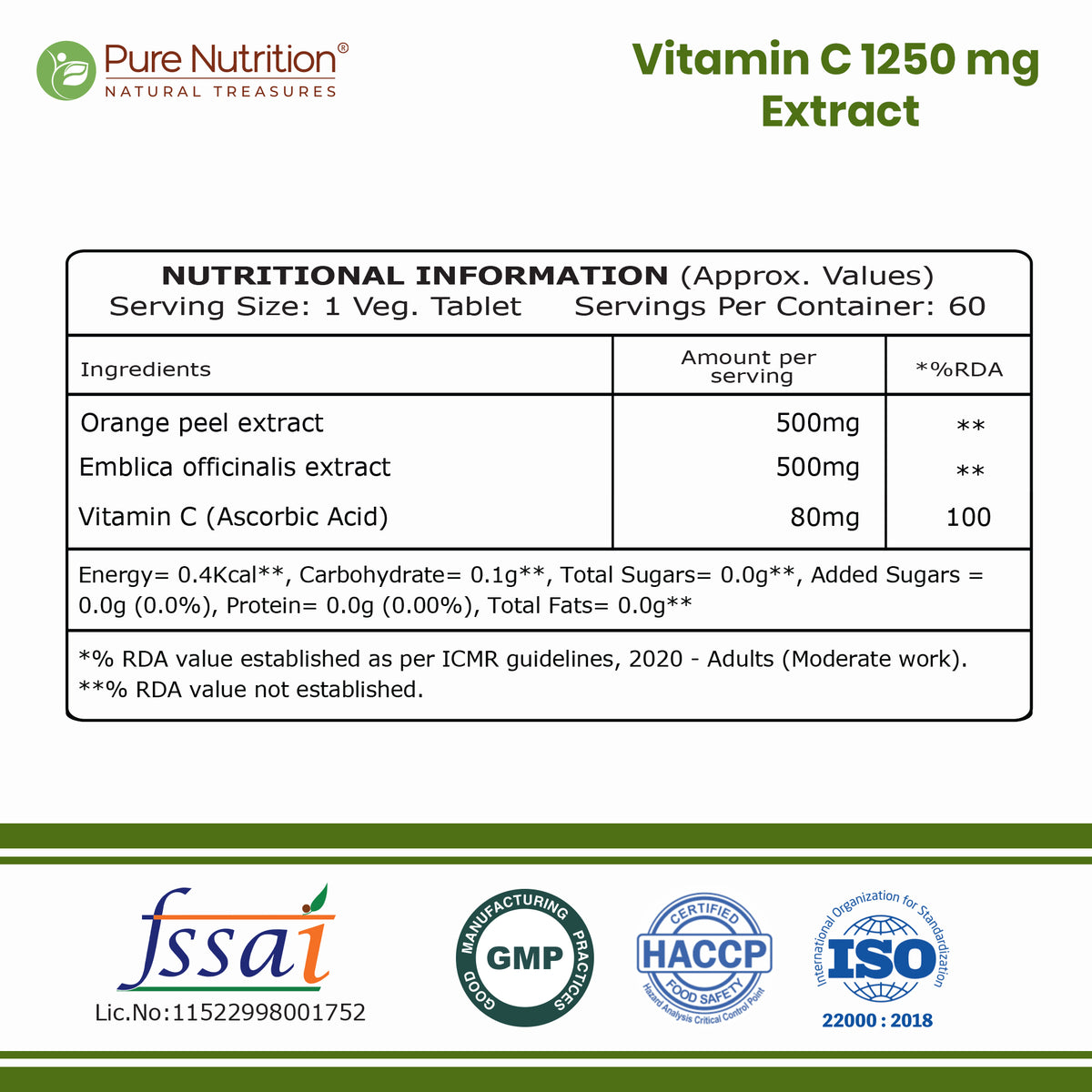 Pure Nutrition Vitamin C 1250mg Veg Tablet - 60 Tablets