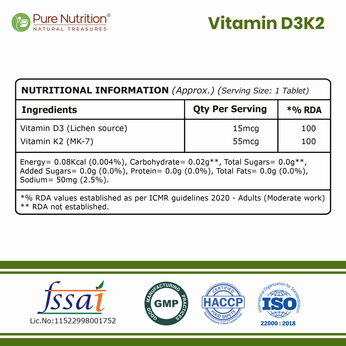 Pure Nutrition Vitamin D3 + K2 Tablets – 60 Veg Tablets for Bone, Immunity, Joint & Heart Health
