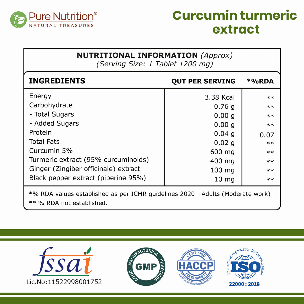 Pure Nutrition Curcumin Turmeric Extract 1200mg Veg Tablet