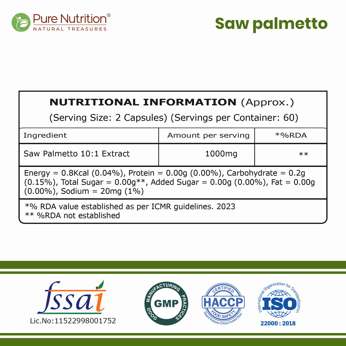 Pure Nutrition Saw Palmetto Capsules 1000mg Extract | 120 Vegan Capsules | Supports Prostate Health | Boosts Urinary Function | Natural Herbal Supplement