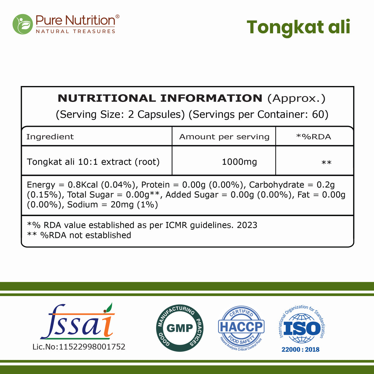 Pure Nutrition Organic Tongkat Ali Capsules - 1000mg - 120 Veg Capsules