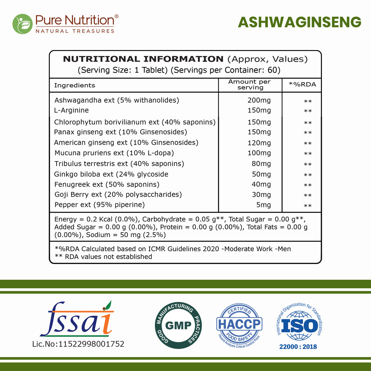 Pure Nutrition Ashwaginseng 60 Tablets | Ashwagandha & Ginseng Herbal Supplement | Stress & Energy Support