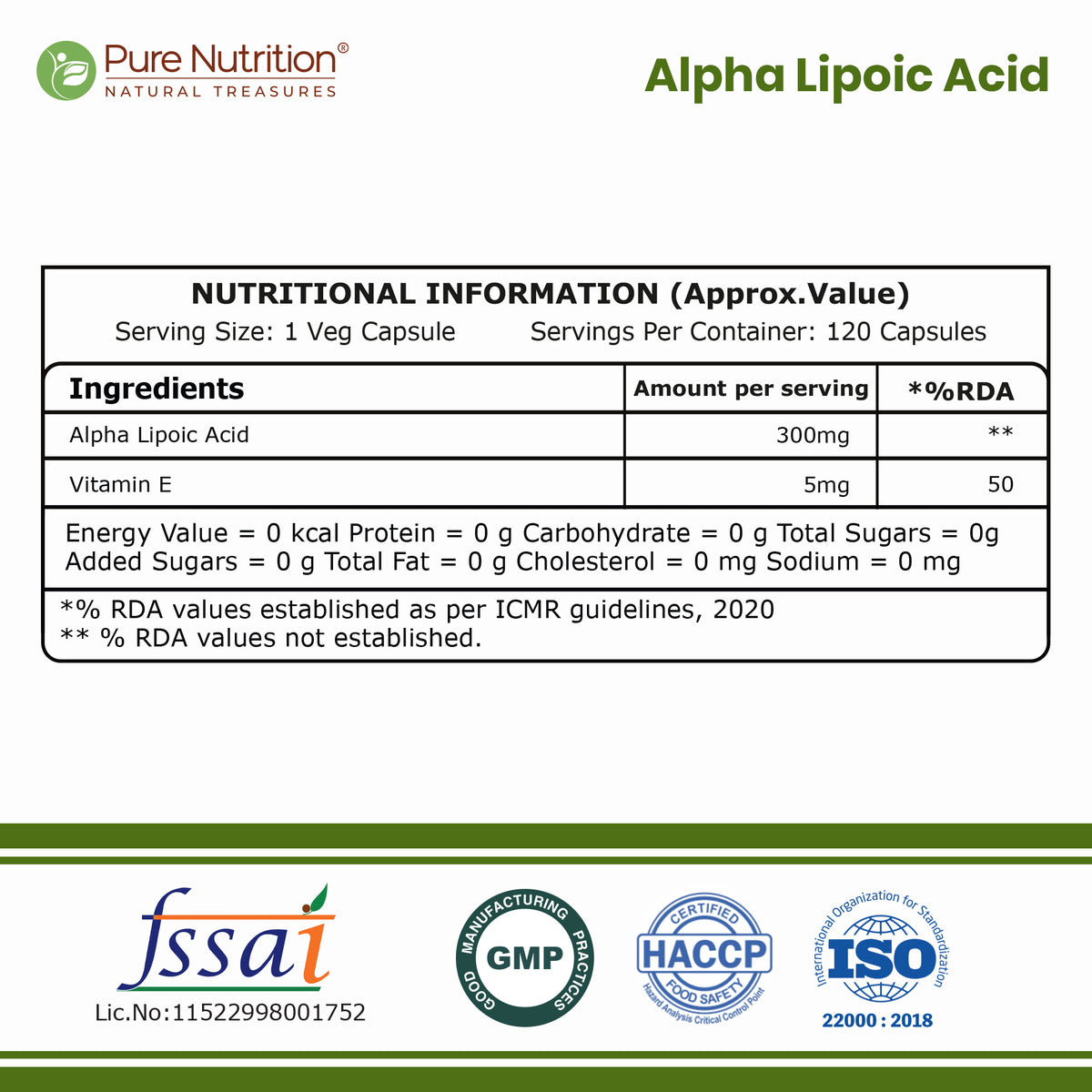 Pure Nutrition Alpha Lipoic Acid (ALA) Capsules 300mg - 120 Veg Capsules with Vitamin E