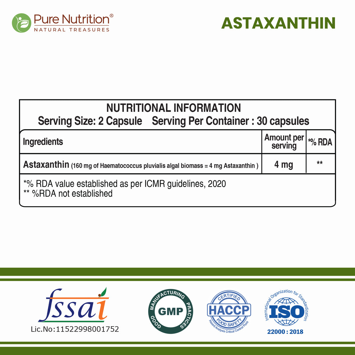 Pure Nutrition Astaxanthin 4mg – 60 Veg Capsules | Powerful Antioxidant for Eye, Skin, Heart & Immune Support | Promotes Cellular Health, Anti-Aging & Recovery | Plant-Based, For Men & Women