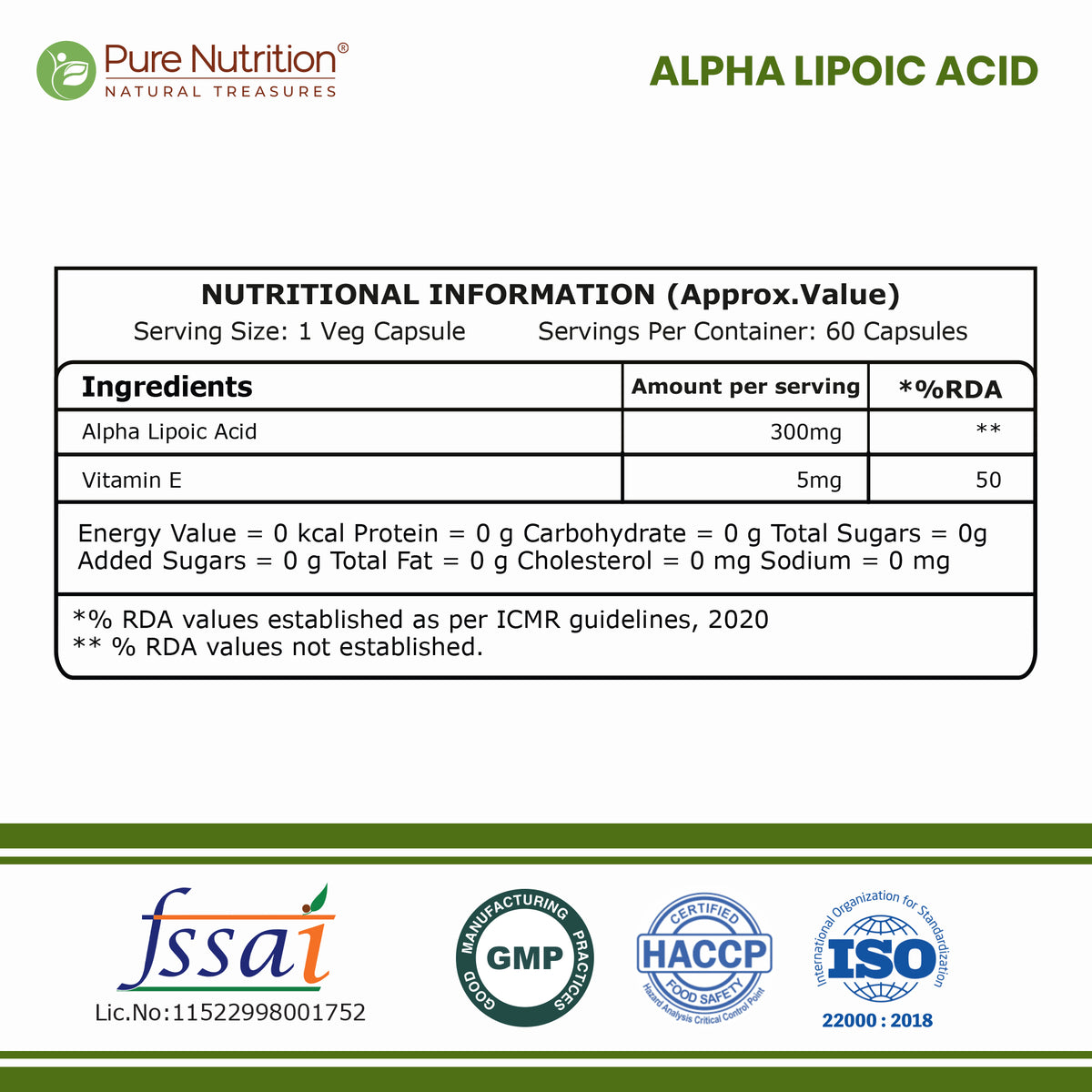 Pure Nutrition Alpha Lipoic Acid (ALA) 300mg - 60 Veg Capsules with Vitamin E