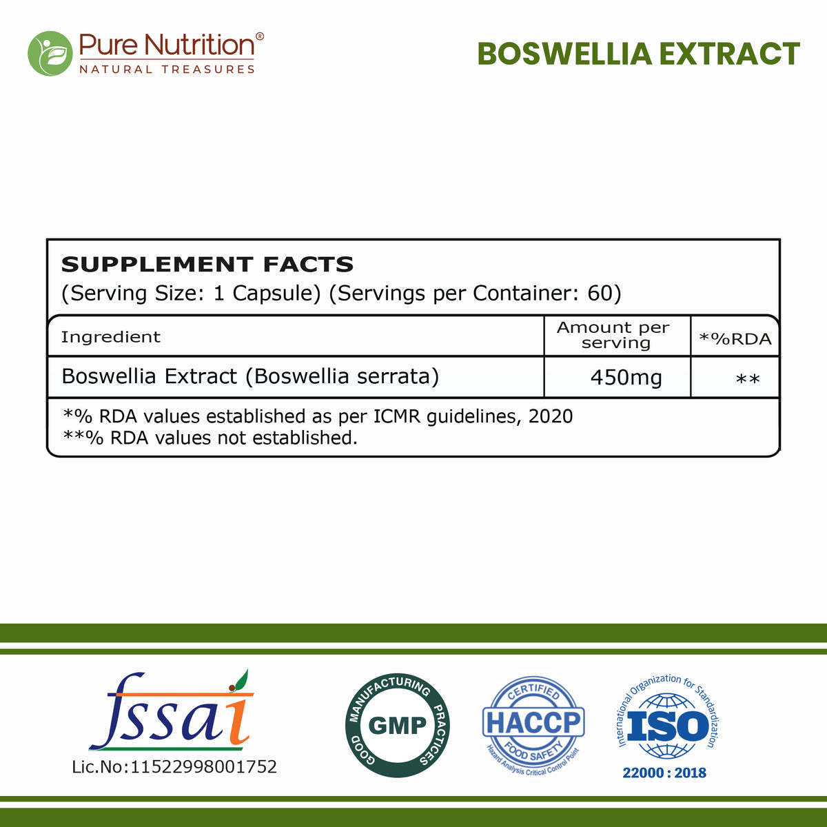 Pure Nutrition Boswellia Serrata Capsules - 450mg –  60 Veg Capsules - Supports Joint & Bone Health, Reduces Inflammation & Stiffness | Boosts Immunity & Skin Health | Natural Ayurvedic Herb for Mobility & Flexibility | For Men & Women