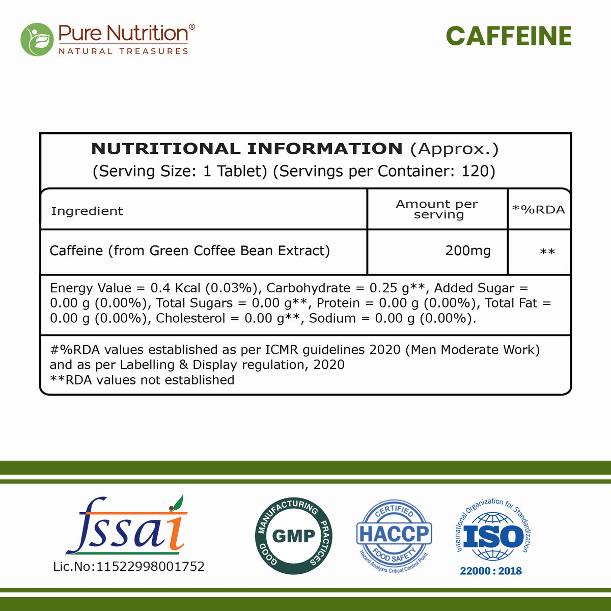 Pure Nutrition Caffeine 200mg – 120 Veg Tablets | Natural Energy Booster for Alertness, Focus & Endurance | Pre-Workout Support, Enhances Mental Clarity & Physical Performance | For Men & Women