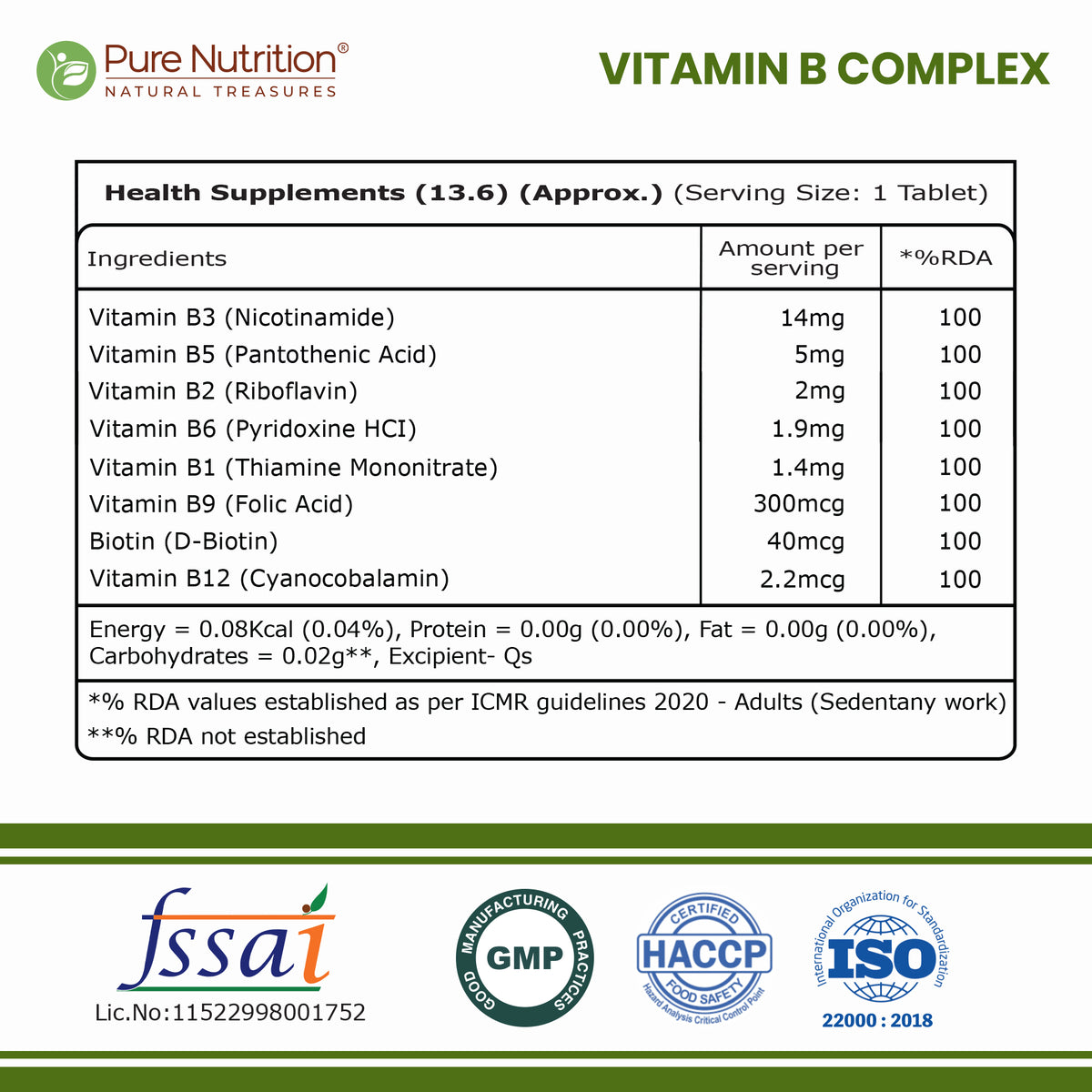 Pure Nutrition B-Complex 60 Veg Tabs – 100% RDA of B1, B2, B3, B5, B6, B9 | Boosts Immunity, Supports Hair Growth, Energy & Overall Health for Men & Women