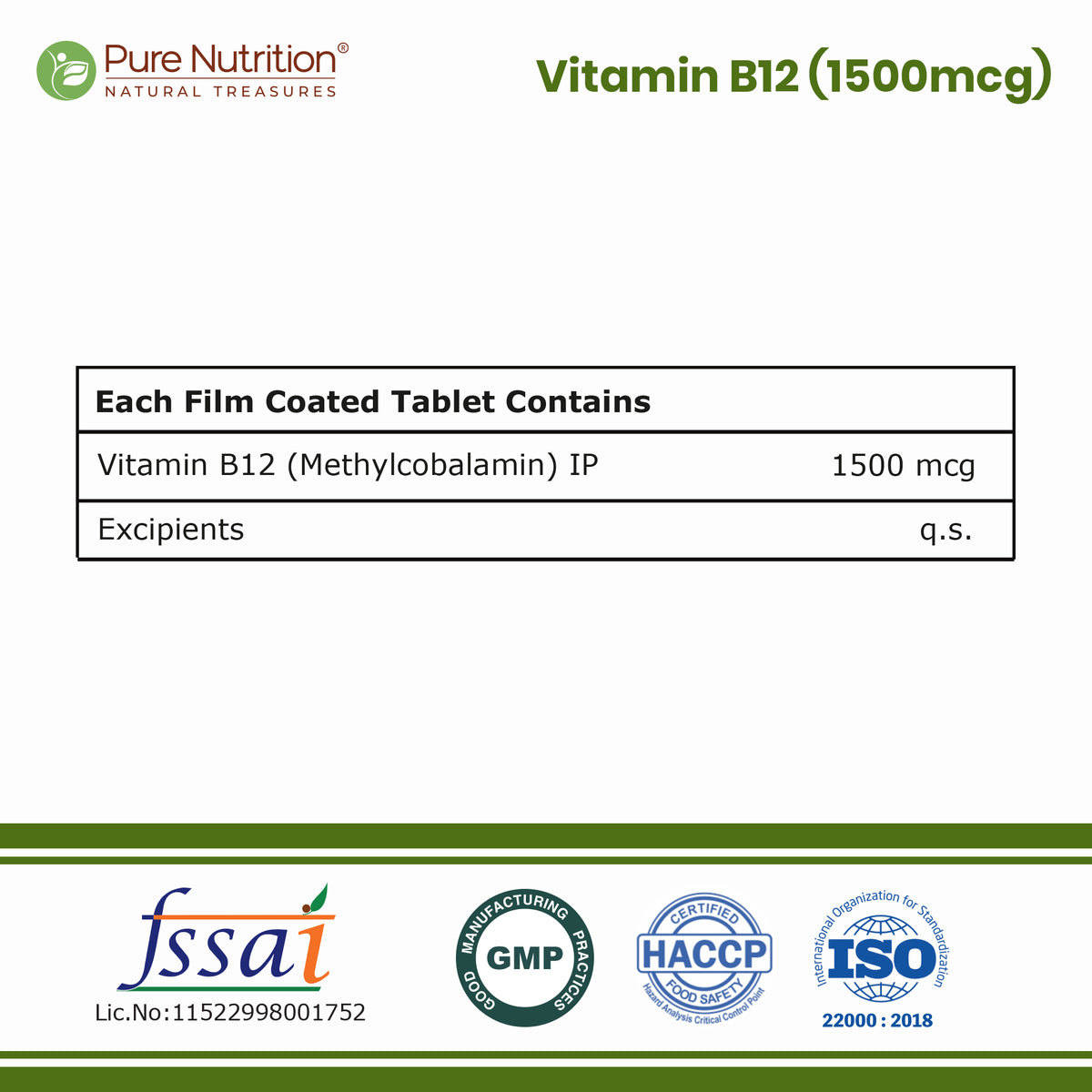 Pure Nutrition Vitamin B12 1500mcg Methylcobalamin – 120 Veg Tablets for Energy, Nerve & Red Blood Cell Support