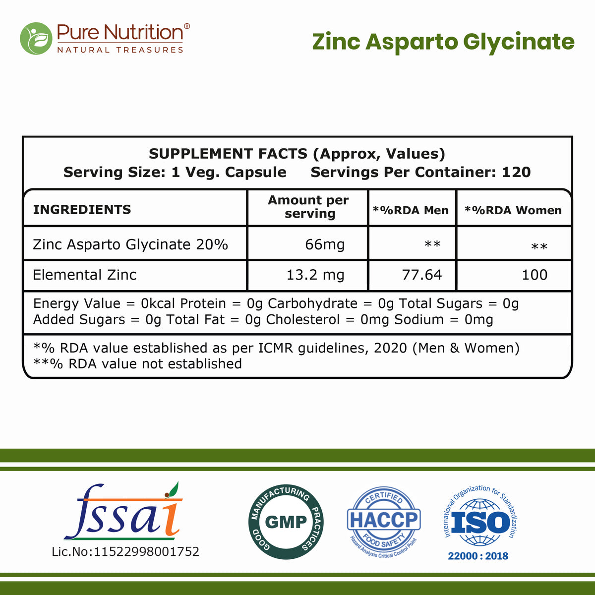 Pure Nutrition Zinc Glycinate Supplement (66 mg) | 120 Veg Capsules