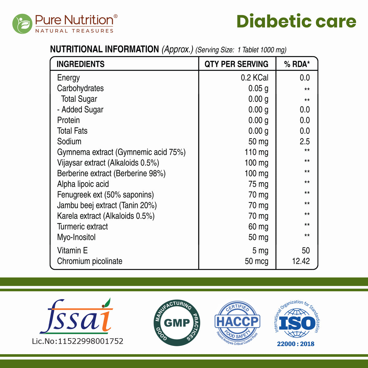 Pure Nutrition Diabetic Care Veg Tablet - 60 Capsules