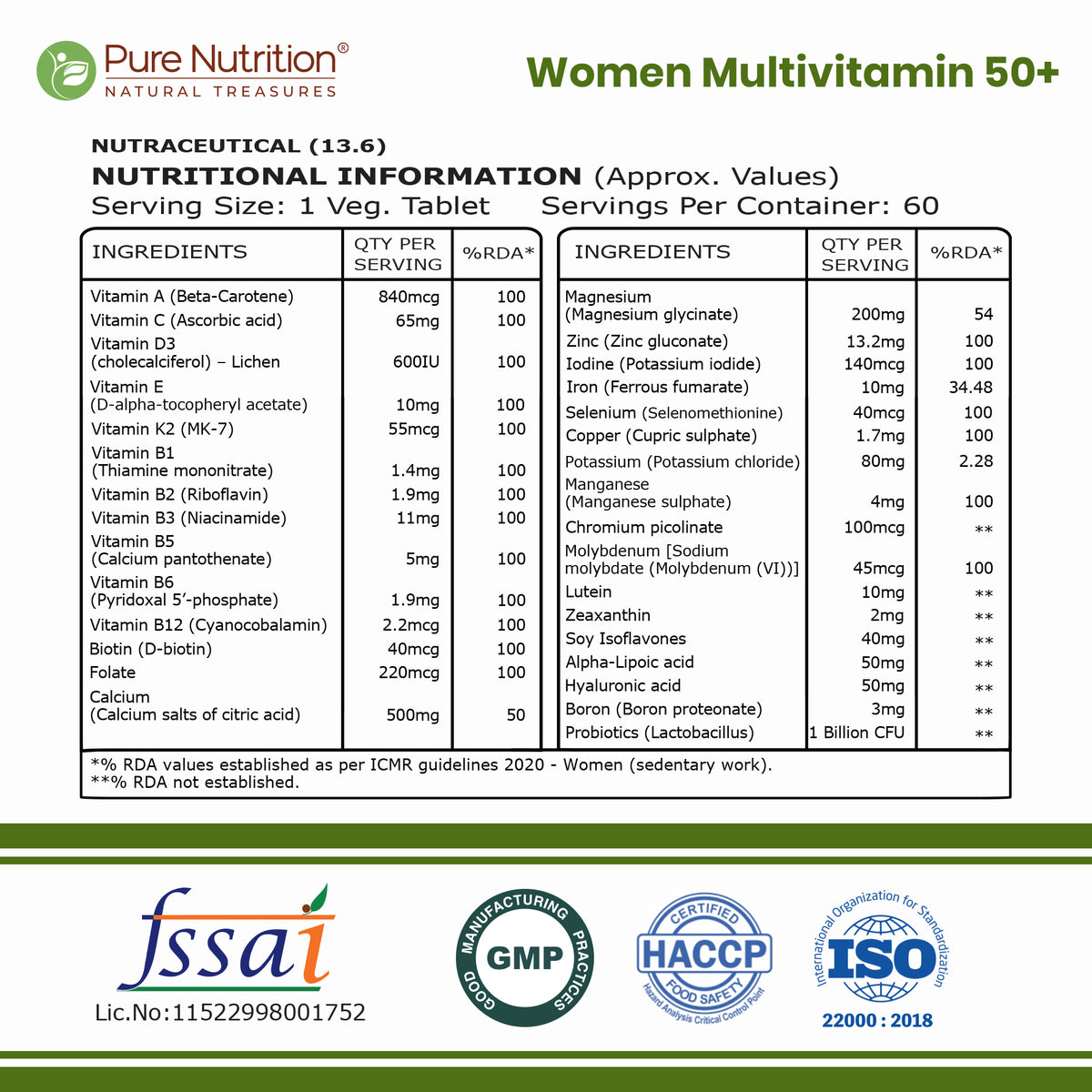 Pure Nutrition Women’s Multivitamin 50+ 60 Tablets | Daily Vitamins & Minerals for Women