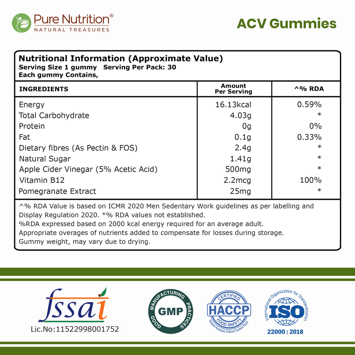 Apple Cider Vinegar Gummies | Pure Nutrition ACV – 30 Gummies