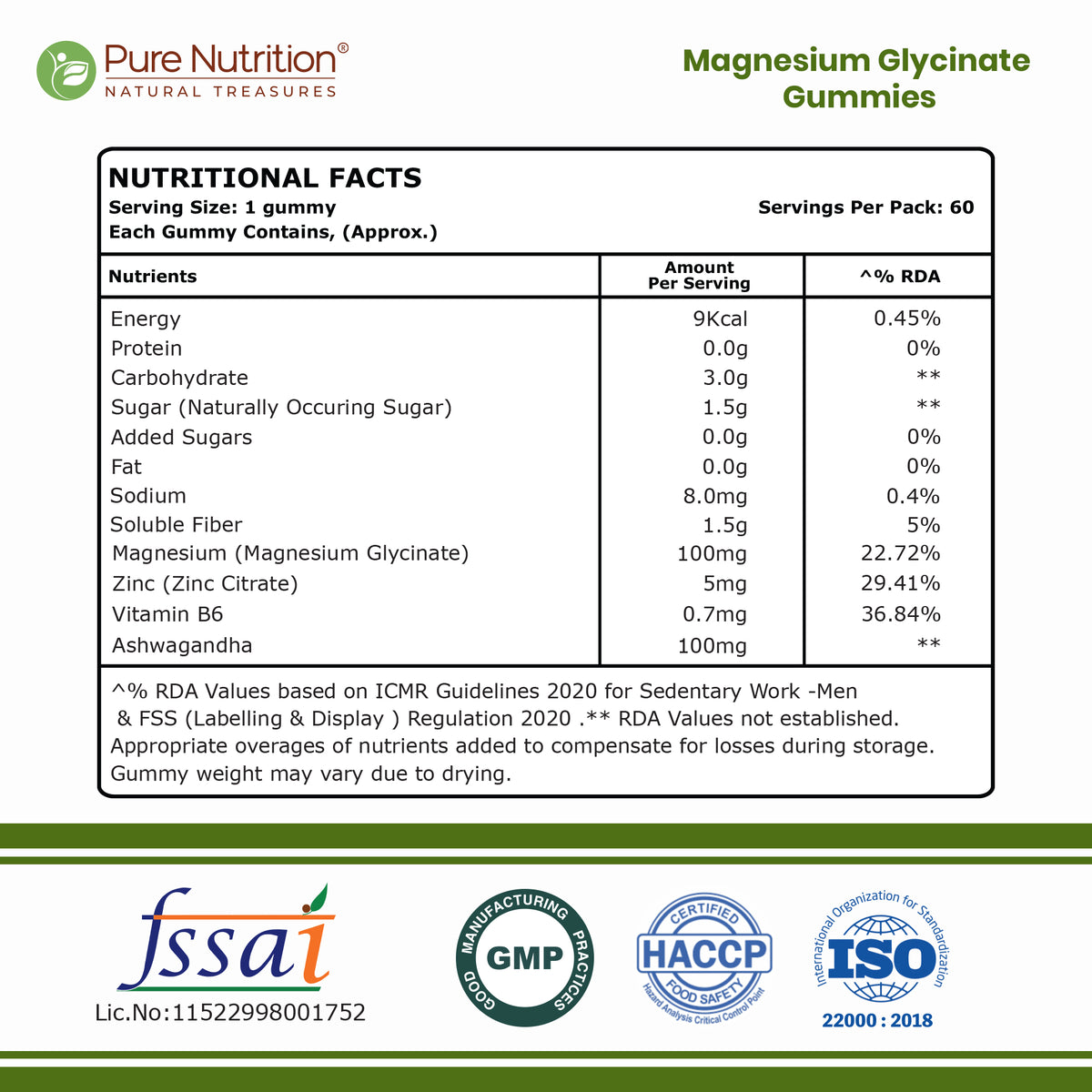 Pure Nutrition Magnesium Glycinate Gummies – 60 Gummies