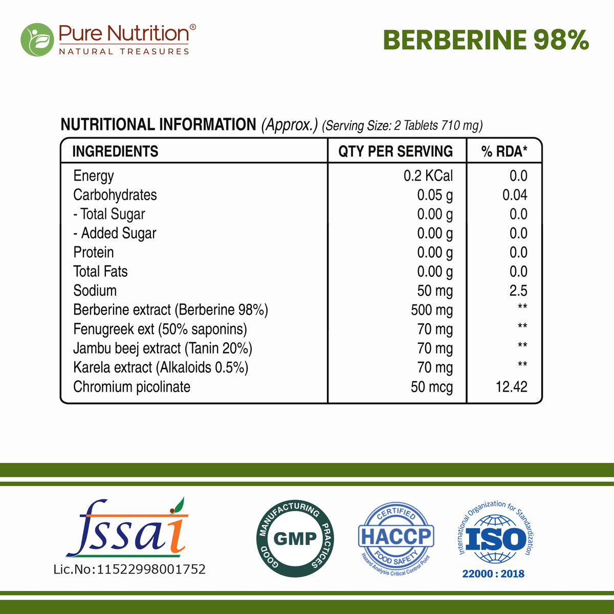 Pure Nutrition 98% Berberine Tablets - 60 Tablets