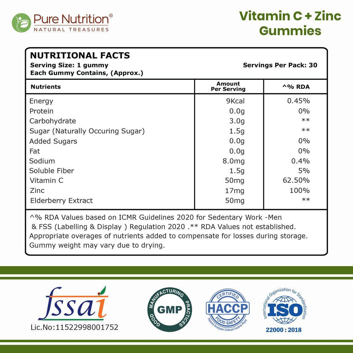 Pure Nutrition Vitamin C + Zinc Immunity Gummies – 30 Gummies