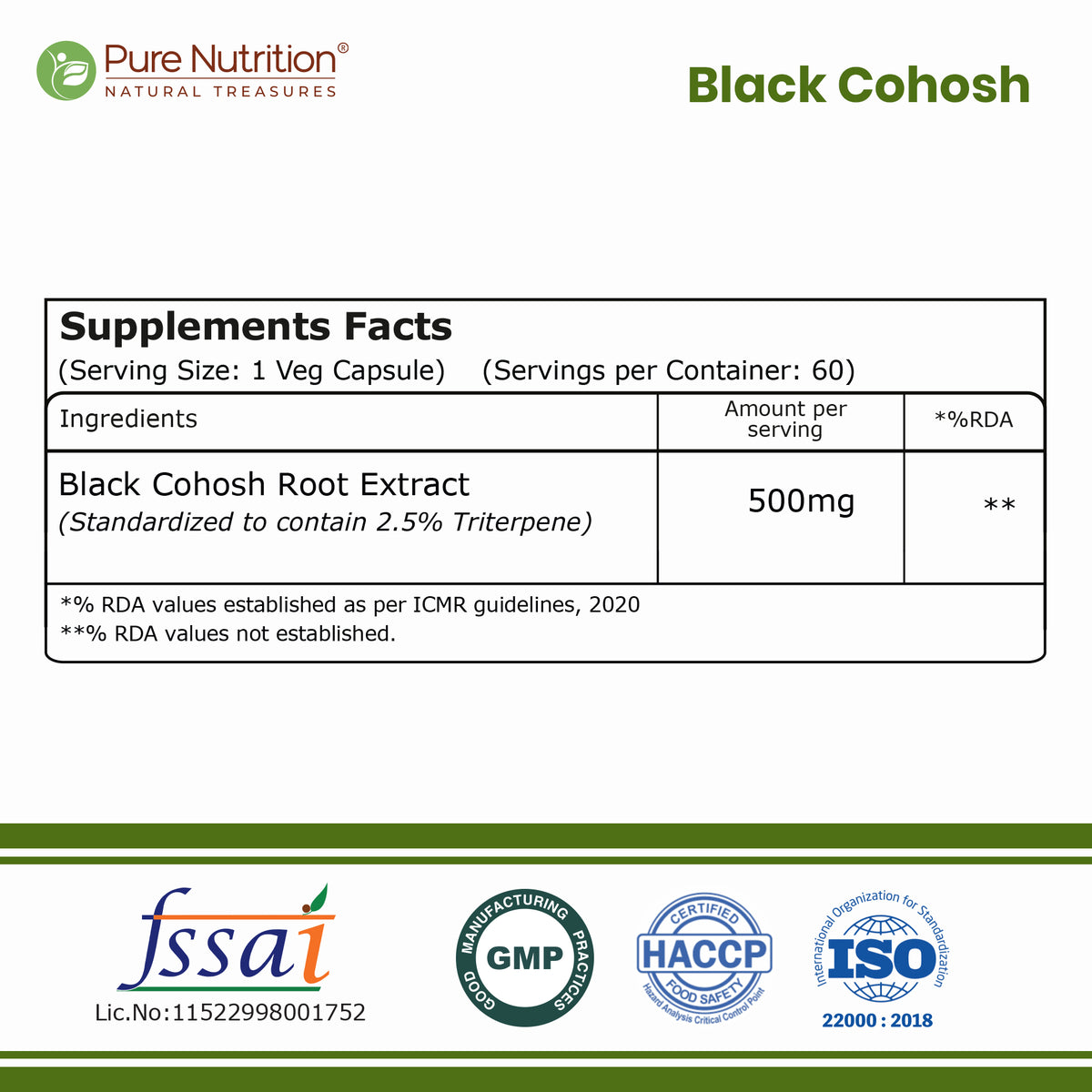 Pure Nutrition Black Cohosh 500 mg | 60 Vegetarian Capsules
