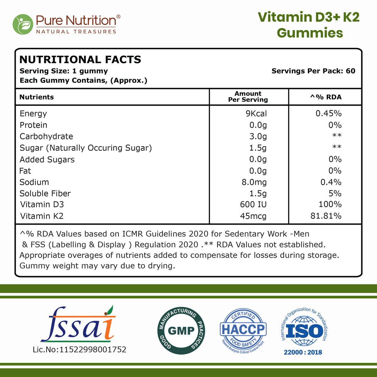 Pure Nutrition Vitamin D3 + K2 Gummies – 60 Gummies
