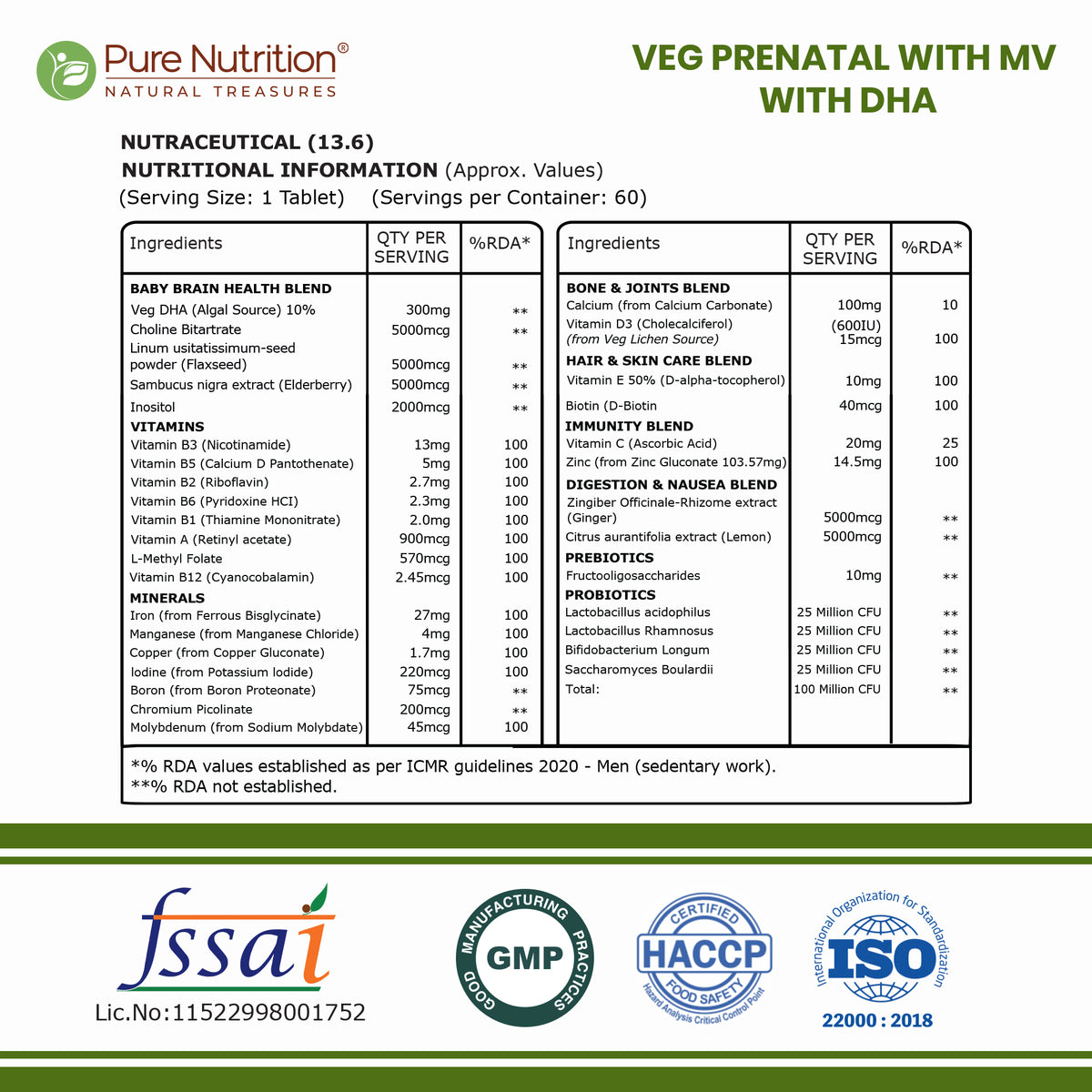 Pure Nutrition Veg Prenatal Multivitamin + DHA 300mg | With L-Methylfolate, Iron & Calcium | 60 Veg Tablets