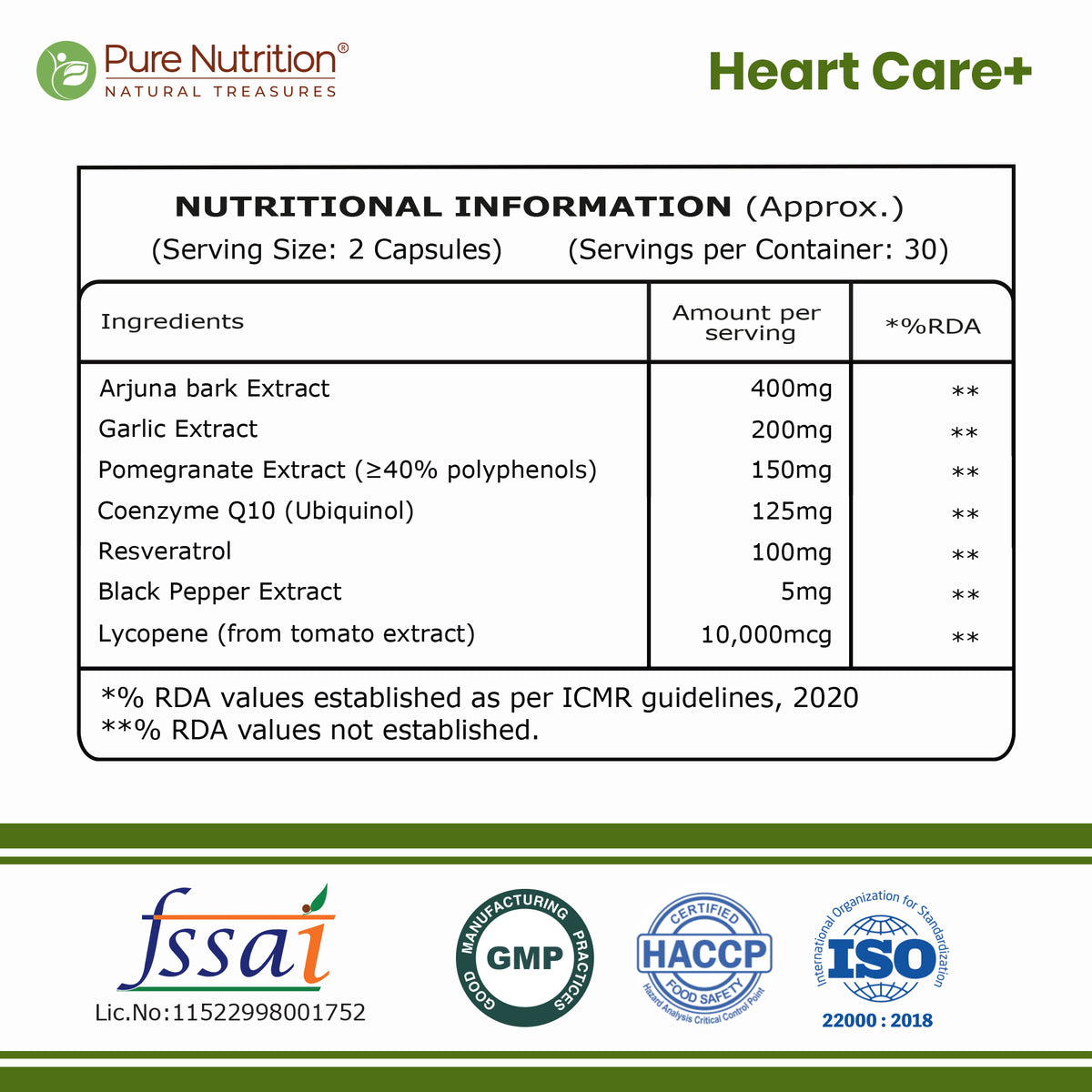 Pure Nutrition Heart Care+  990mg | 60 Veg Capsules