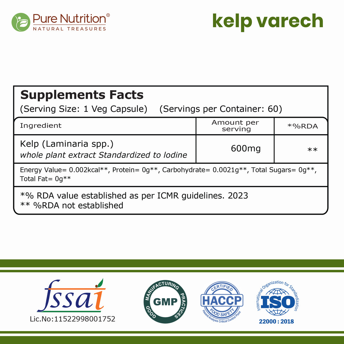 Pure Nutrition Kelp Extract 600mg | 60 Veg Capsules | Laminaria spp. Whole Plant Extract