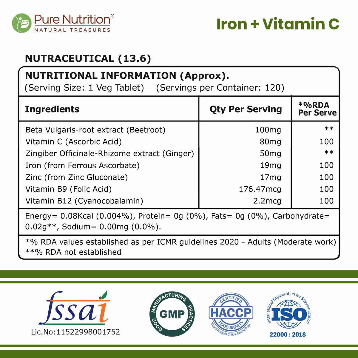 Pure Nutrition Vitamin C with Amla Extract + Zinc Supplement | Boost Immunity | Support In Skin & bone Health - 120 Veg Tablets