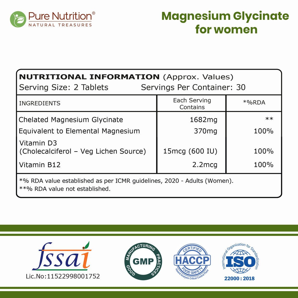 Pure Nutrition Women's Magnesium Glycinate – 1682mg | 60 Tablets