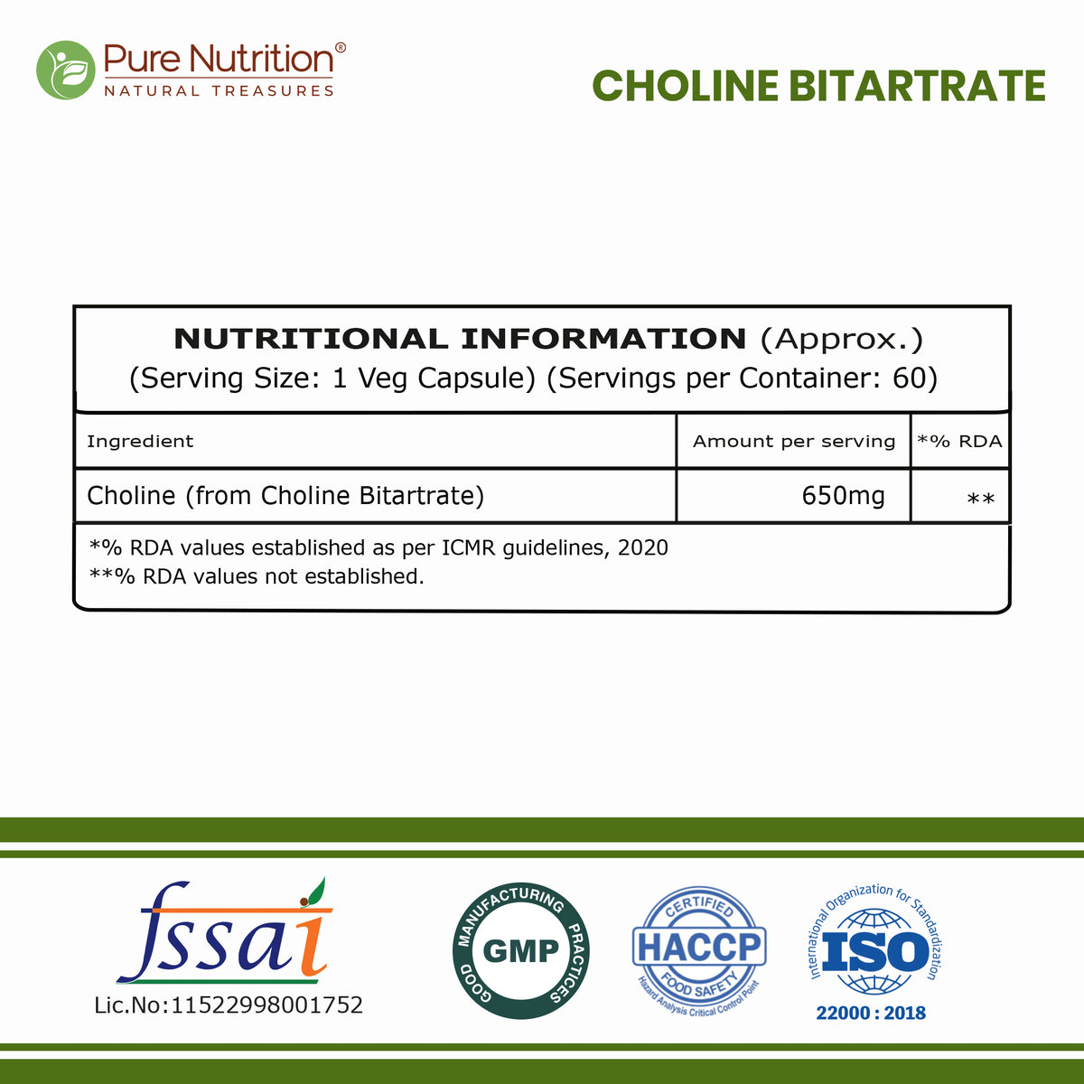 Pure Nutrition Choline Bitartrate (650mg) – 60 Veg Capsules | Supports Brain, Nerve, Liver & Heart Health | Nootropic Supplement for Cognitive Function