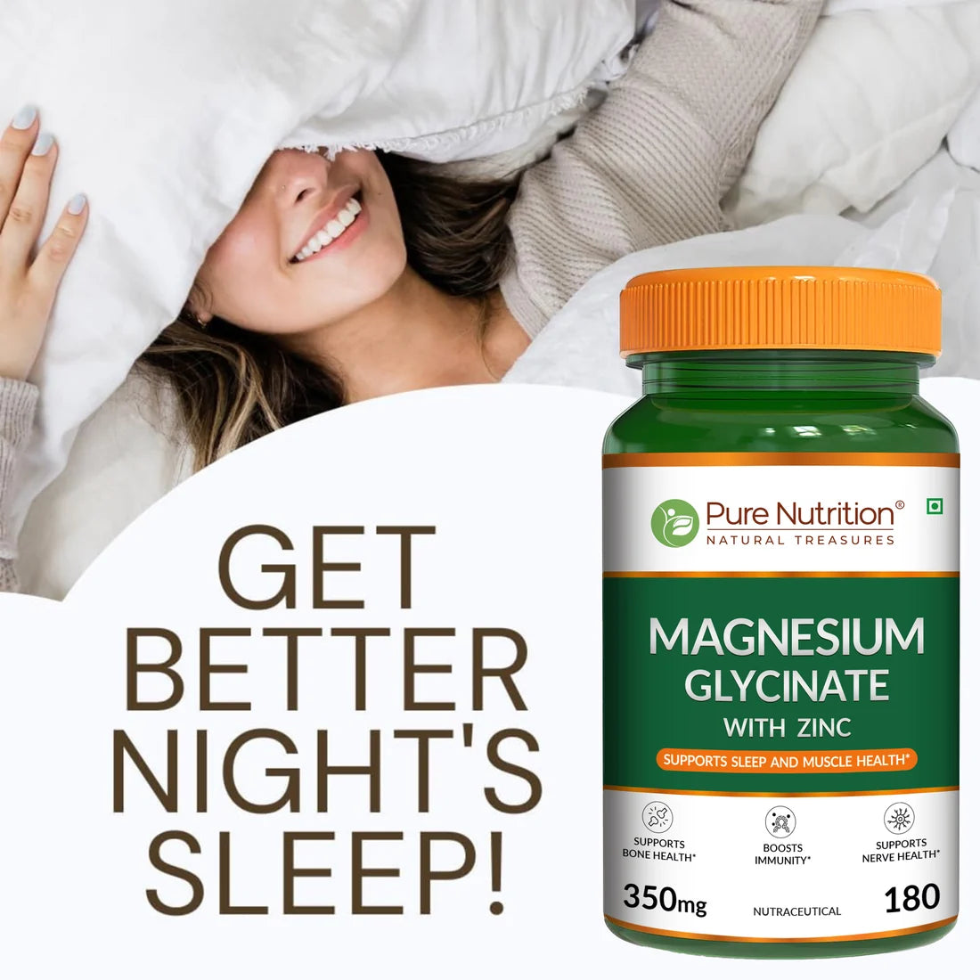 Magnesium Glycinate with Zinc | 350 mg Blend | Magnesium Glycinate, Zinc & Phaseolus Radiatus Extract | Daily Muscle, Bone & Nerve Support