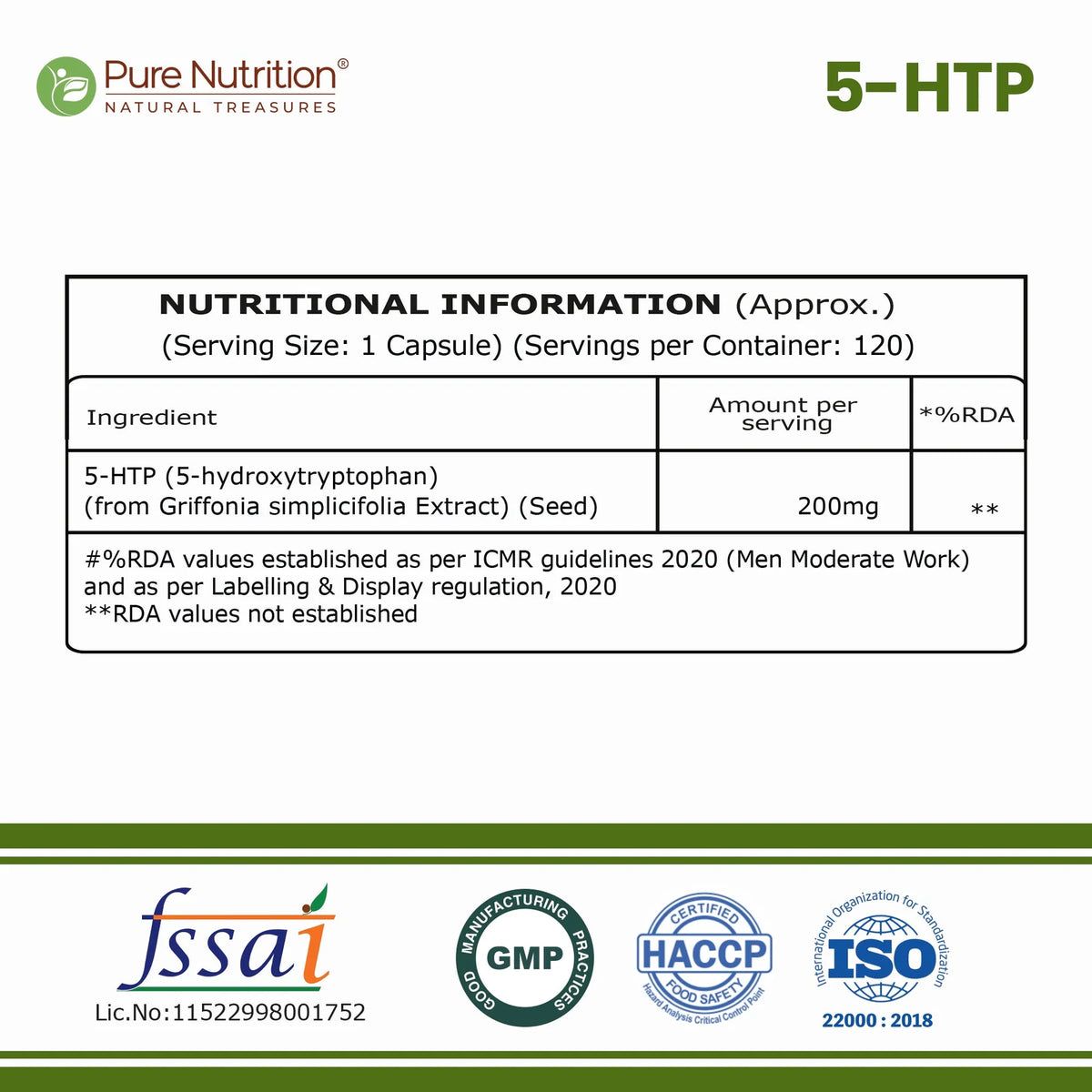 Pure Nutrition 5-HTP 200mg, 120 Capsules | Dietary Supplement for Mood & Sleep Support