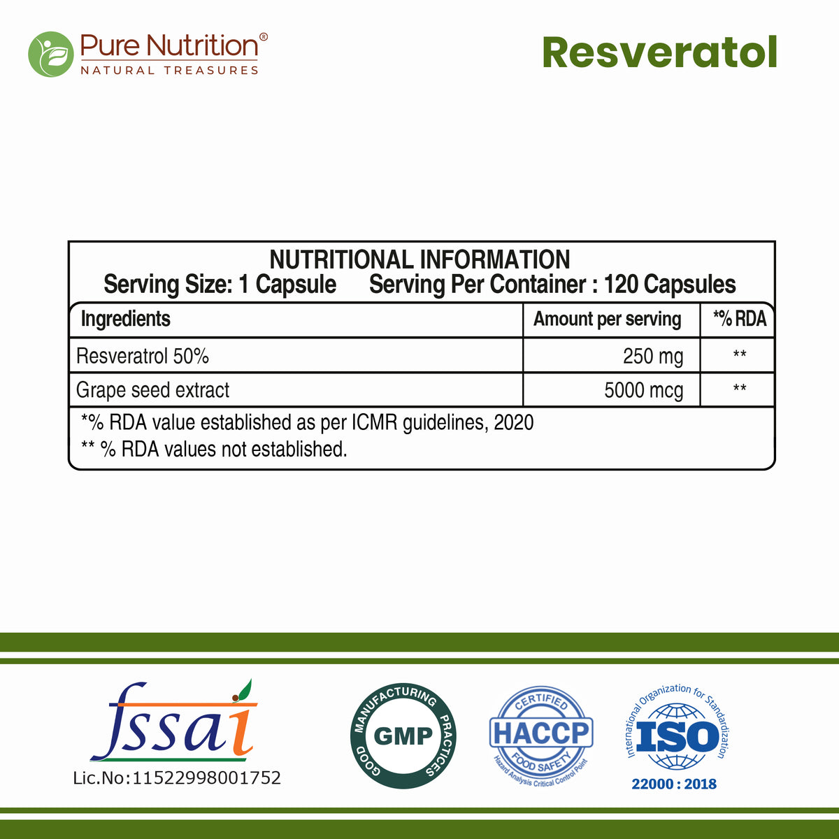 Pure Nutrition Resveratrol Capsules 255mg for Anti-Aging, Heart Health & Immunity | Powerful Antioxidant with Grape Seed Extract for Skin Radiance - 60 Capsules