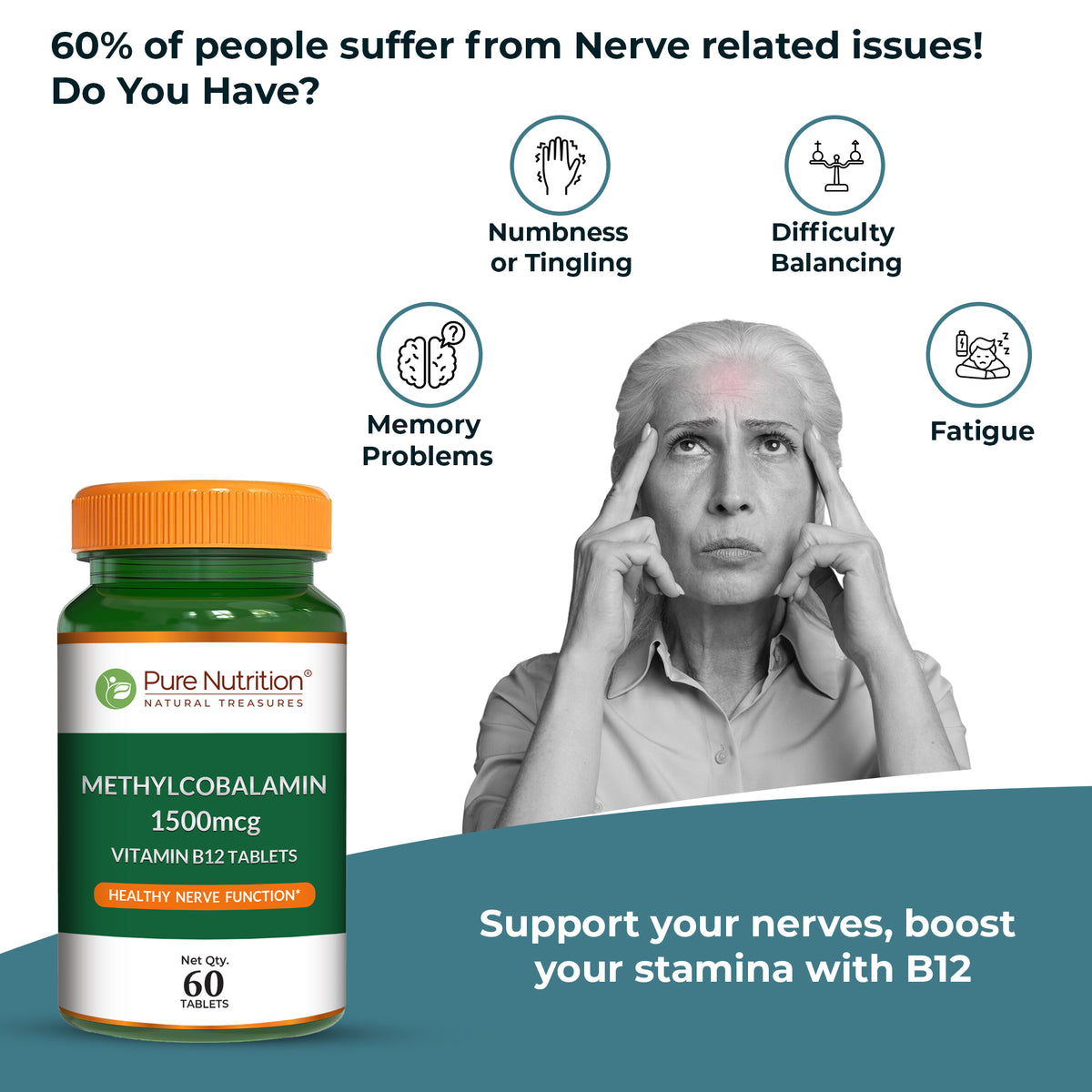 Pure Nutrition Methylcobalamin 1500mcg Vitamin B12 (60 Tablets)