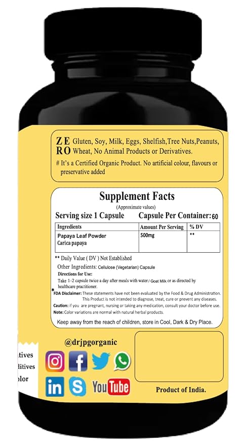 Dr. JPG Organic papaya capsuels 60veg. For Pletlets Count/Papaya Leaf powder Capsules.