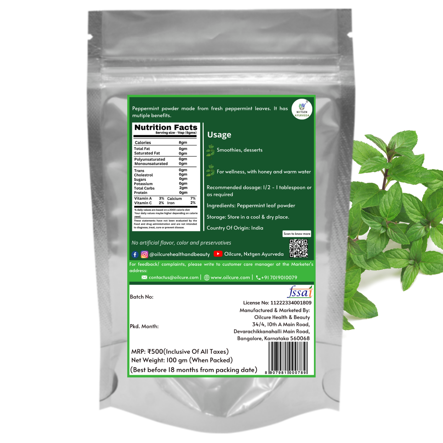Nxtgen Ayurveda Peppermint Leaves Powder  - 100 gms (Pack of 2)