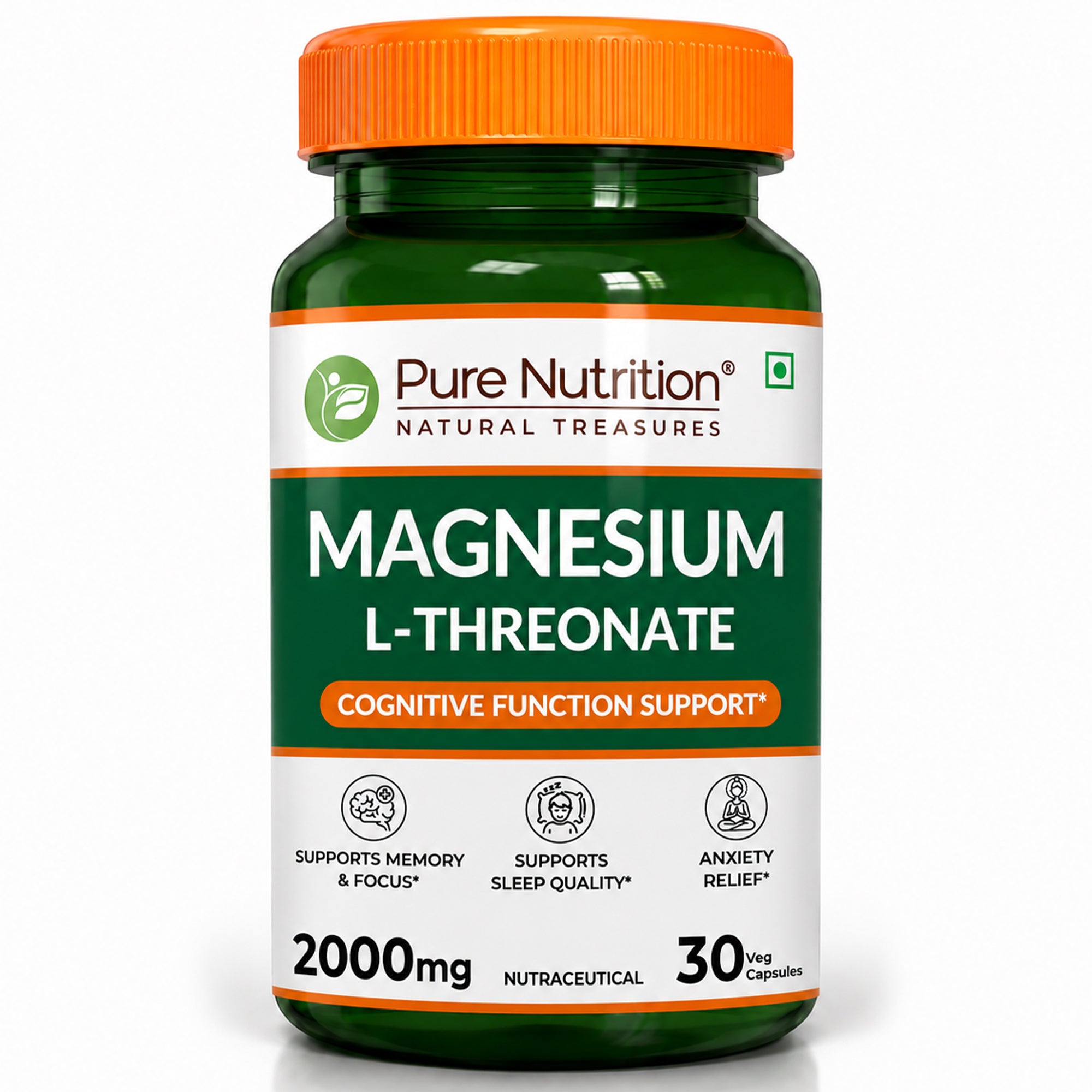 Pure Nutrition Magnesium L-Threonate 1000mg, 30 Veg Capsules | Enhances Memory, Cognitive Function & Brain Health | Supports Relaxation & Better Sleep