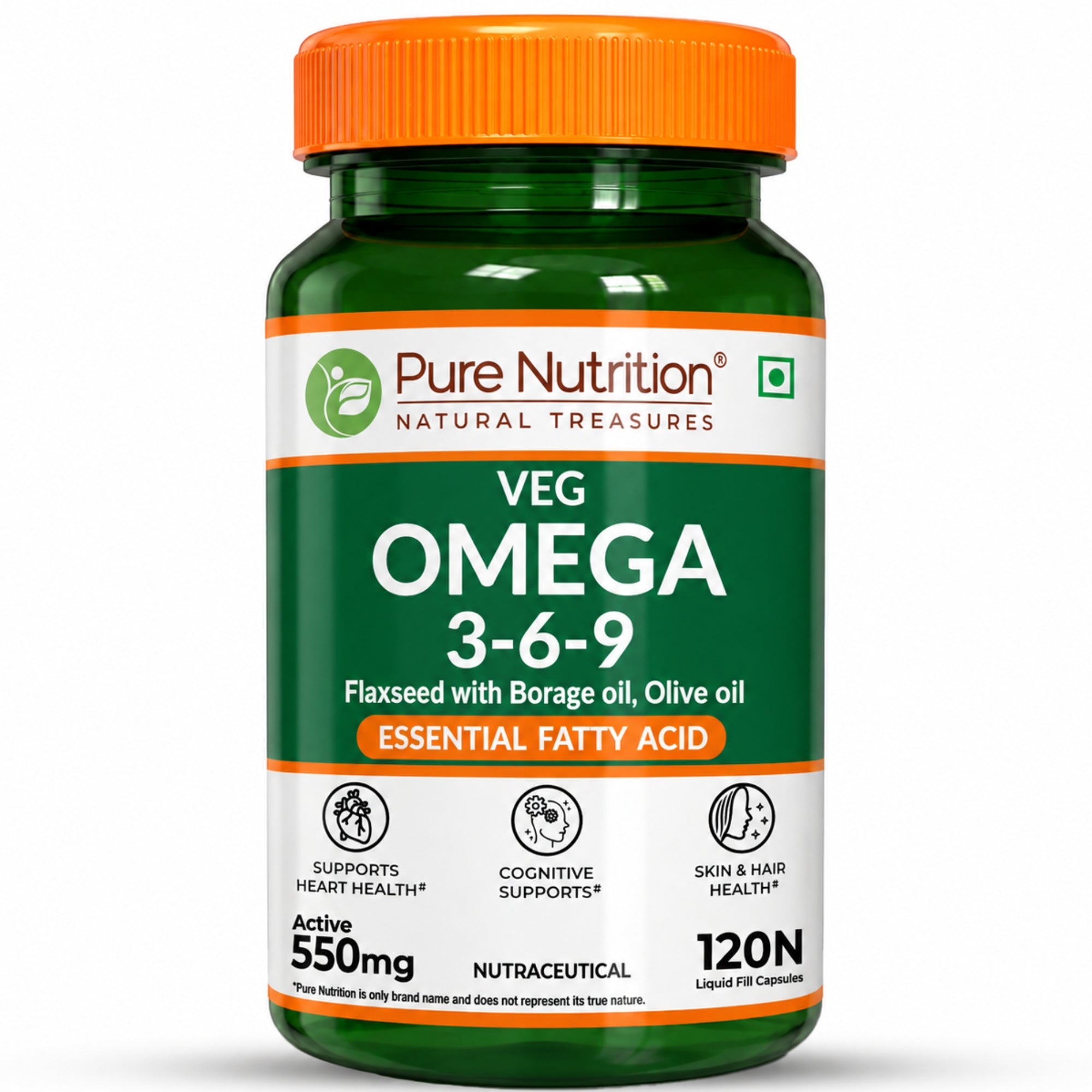 Pure Nutrition Vegan Omega 3-6-9 Capsules (550mg) for Men & Women | Flaxseed with Borage & Olive Oil | Supports Heart, Skin, Joint & Muscle Health | Plant-Based Omega for Overall Wellness - 120 Capsules