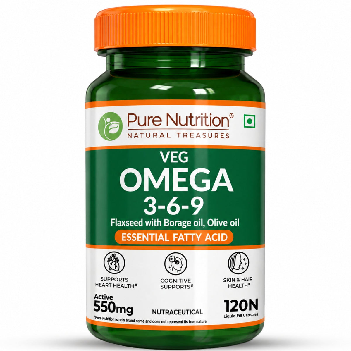 Pure Nutrition Vegan Omega 3-6-9 Capsules (550mg) for Men & Women | Flaxseed with Borage & Olive Oil | Supports Heart, Skin, Joint & Muscle Health | Plant-Based Omega for Overall Wellness - 120 Capsules
