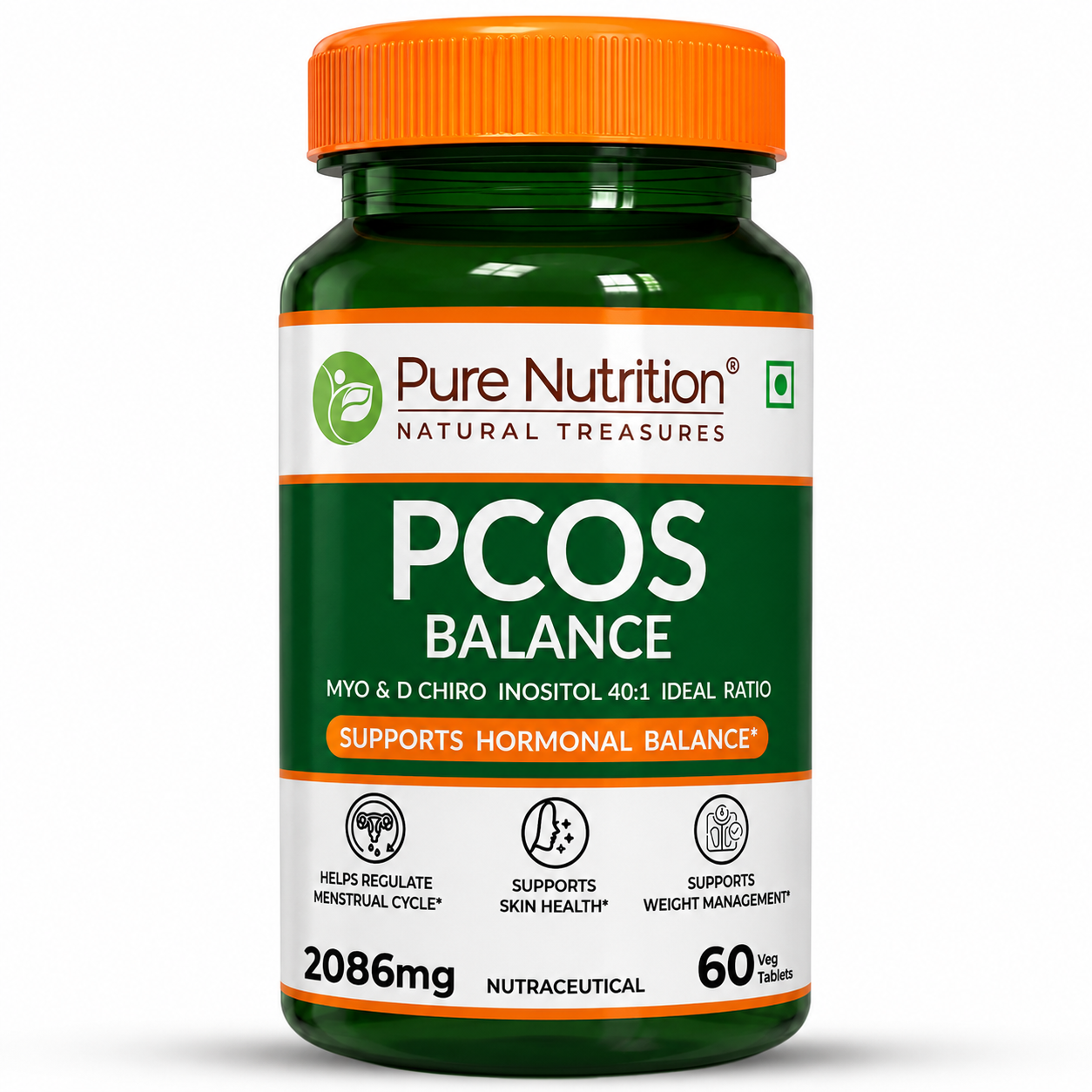 प्योर न्यूट्रिशन पीसीओएस बैलेंस टैबलेट्स 40:1 रेश्यो 2000mg - 60 वेजिटेरियन टैबलेट्स