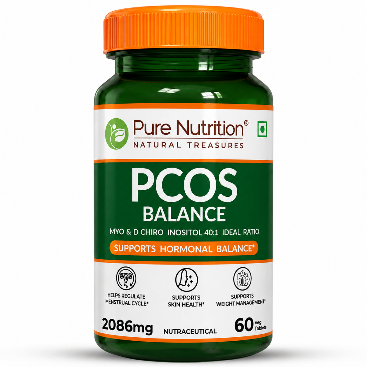 प्योर न्यूट्रिशन पीसीओएस बैलेंस टैबलेट्स 40:1 रेश्यो 2000mg - 60 वेजिटेरियन टैबलेट्स