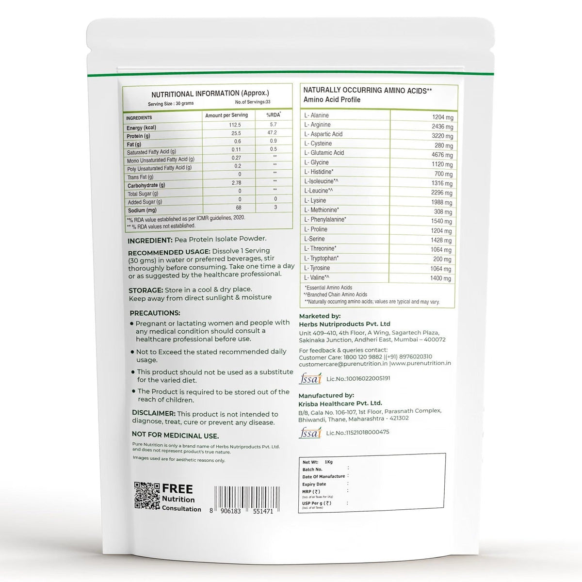 Pure Nutrition Pea Protein Isolate Powder - 1kg