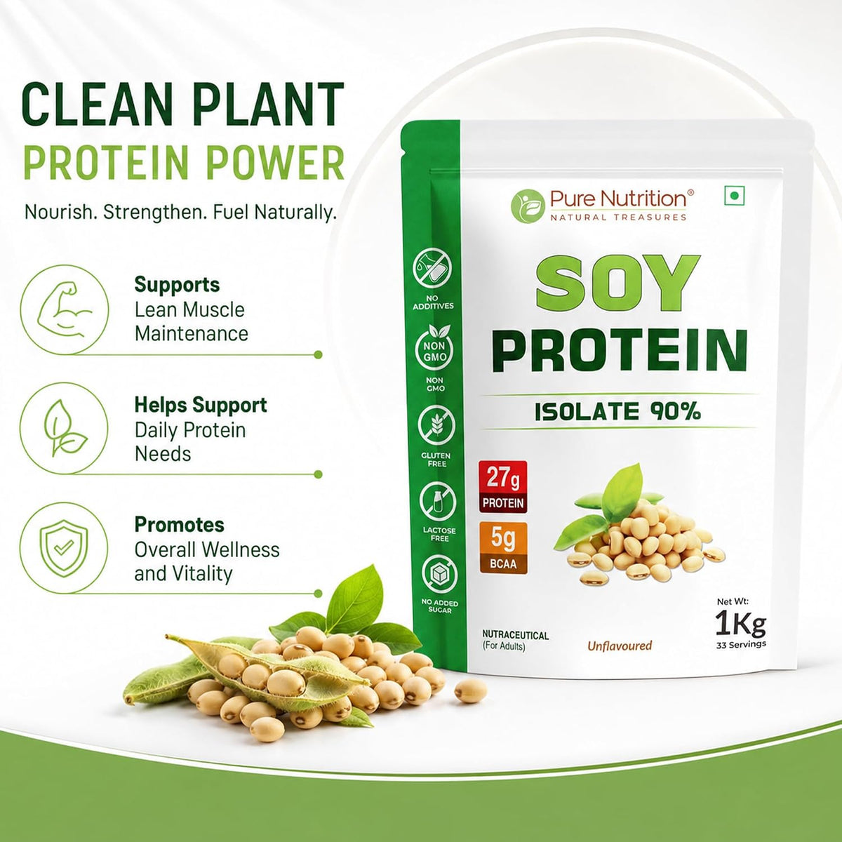 Pure Nutrition Soy Protein Isolate Powder  | 90% Isolate (27g Isolate per 30g Serving), Unflavoured | Supports Muscle Growth, Recovery & Weight Management | Ideal for Fitness, Overall Health & Vegan Diets - 1kg