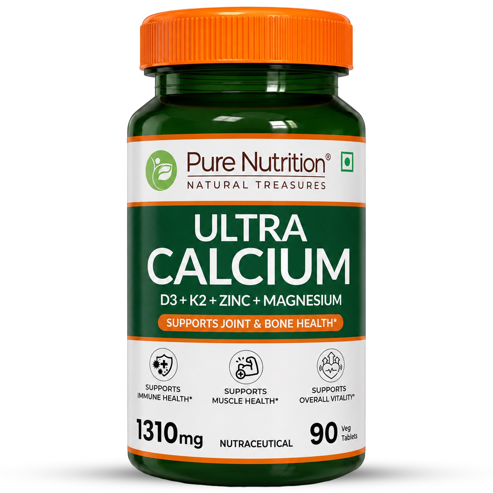 Pure Nutrition Ultra Calcium 1310mg – 90 Veg Tablets | With Vitamin D3, K2, Zinc & Magnesium | Bone, Joint, Muscle & Immune Health Support | Calcium Supplement for Men & Women