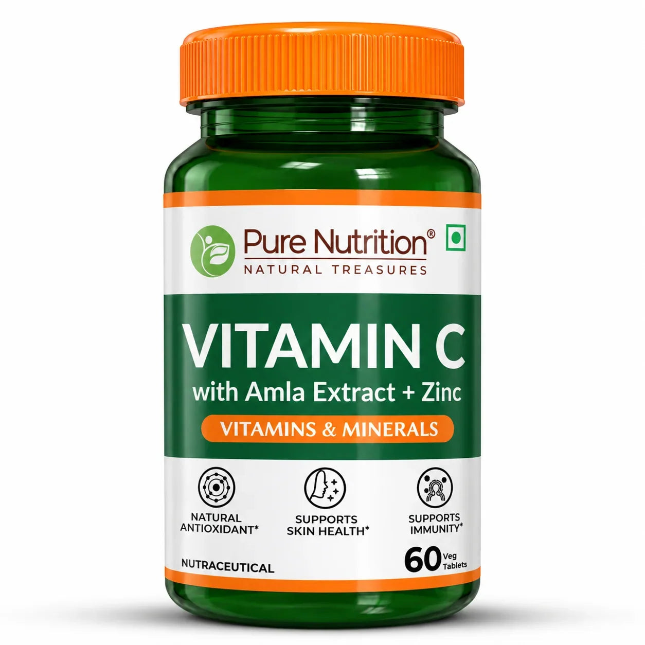 Pure Nutrition Vitamin C with Amla Extract + Zinc Tablets | Boost Immunity | Support In Skin & bone Health - 60 Veg Tablets
