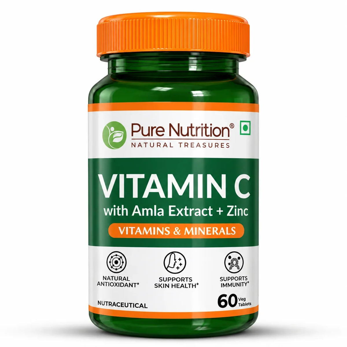 Pure Nutrition Vitamin C with Amla Extract + Zinc Tablets | Boost Immunity | Support In Skin & bone Health - 60 Veg Tablets